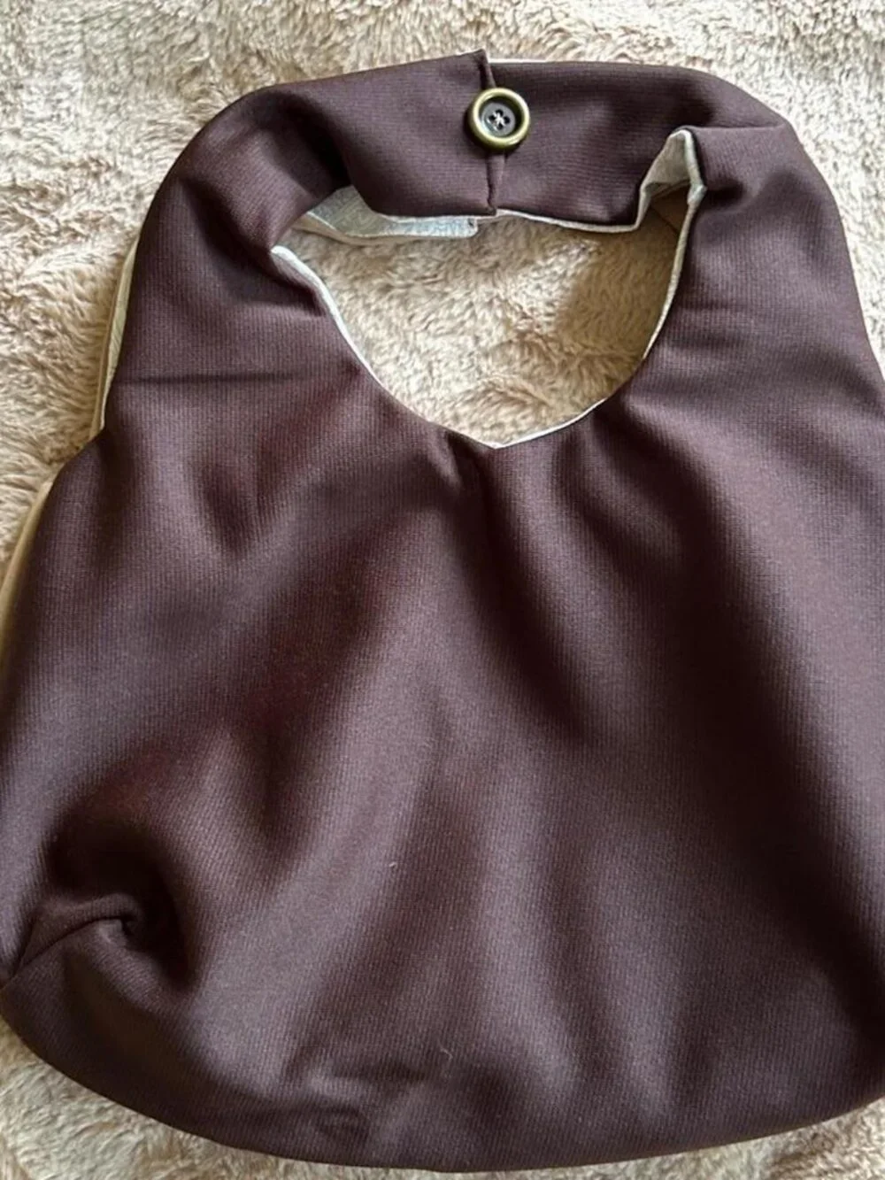 Brown & tan tote bag with beige and brown striped patch and button details